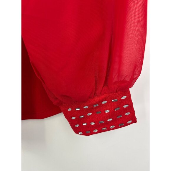 Belldini Embellished Sheer Long Chiffon Sleeve Stretch Blouse Top Red 1X NEW - Picture 5 of 7